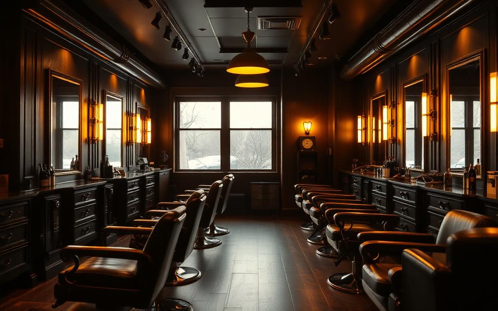 Interior de una barbería moderna con sillones de cuero y luz cálida