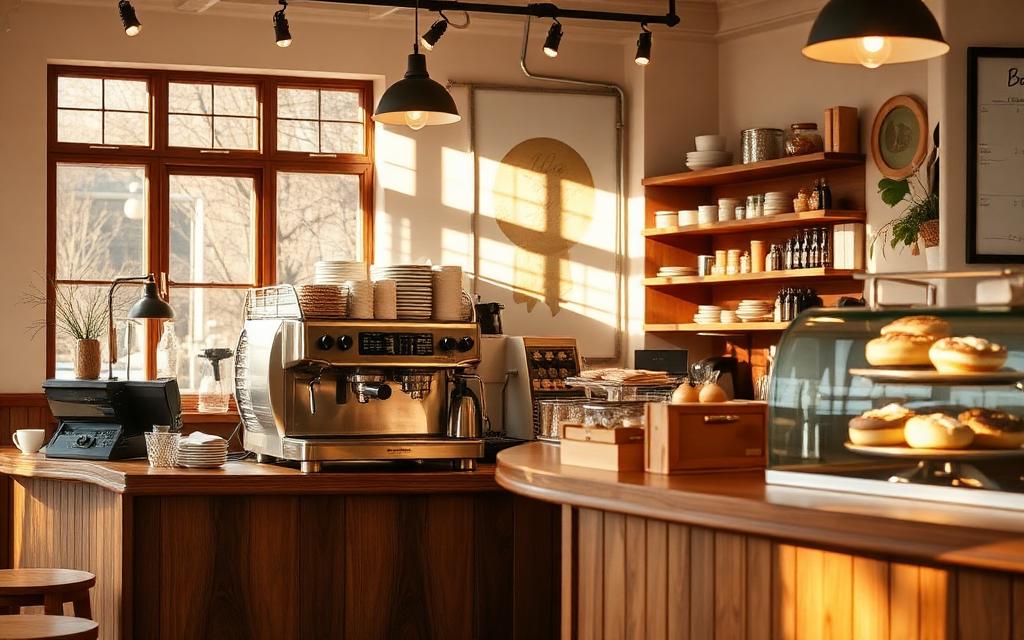 Barra de cafetería de especialidad con máquina de espresso y vitrina de facturas
