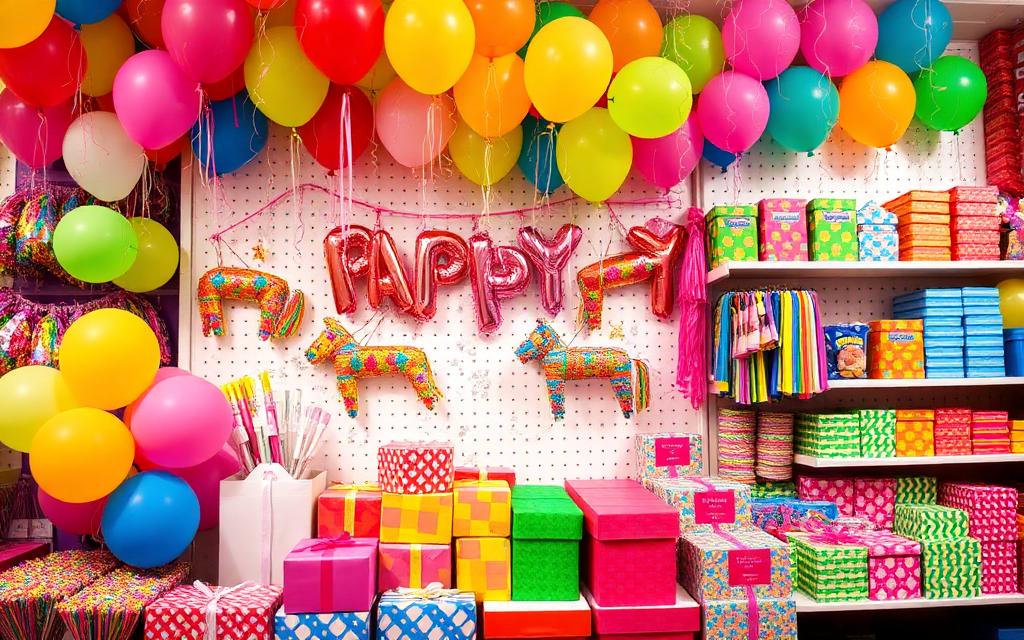 Local de cotillón con globos de colores, piñatas y cajas de regalo