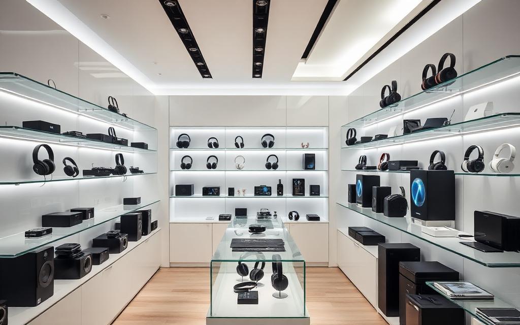 Local de electrónica con auriculares y dispositivos en estantes iluminados