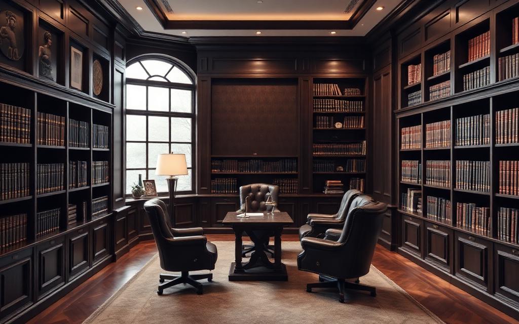 Biblioteca de un estudio jurídico con estanterías de madera y sillones de cuero