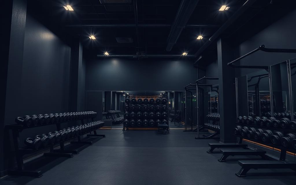 Sala de gimnasio moderna con racks de mancuernas e iluminación dramática
