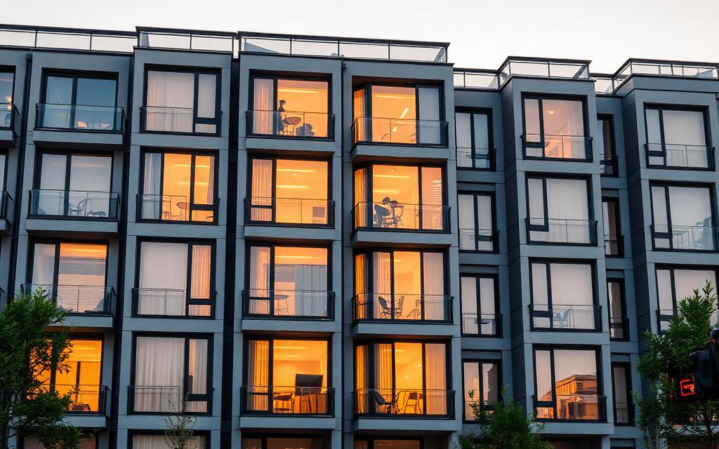 Fachada de edificio residencial moderno al atardecer