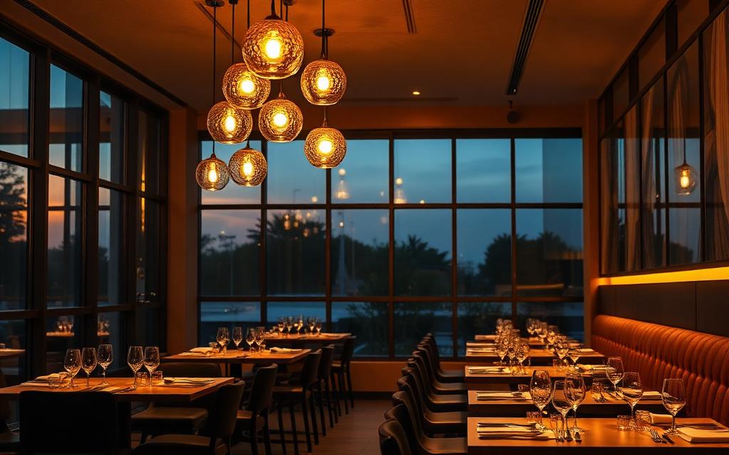 Salón de restaurante moderno con mesas puestas y luces cálidas