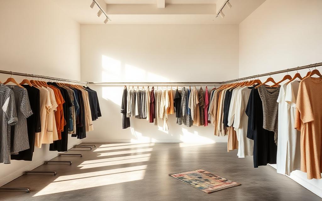 Interior minimalista de una tienda de ropa con perchas y luz natural