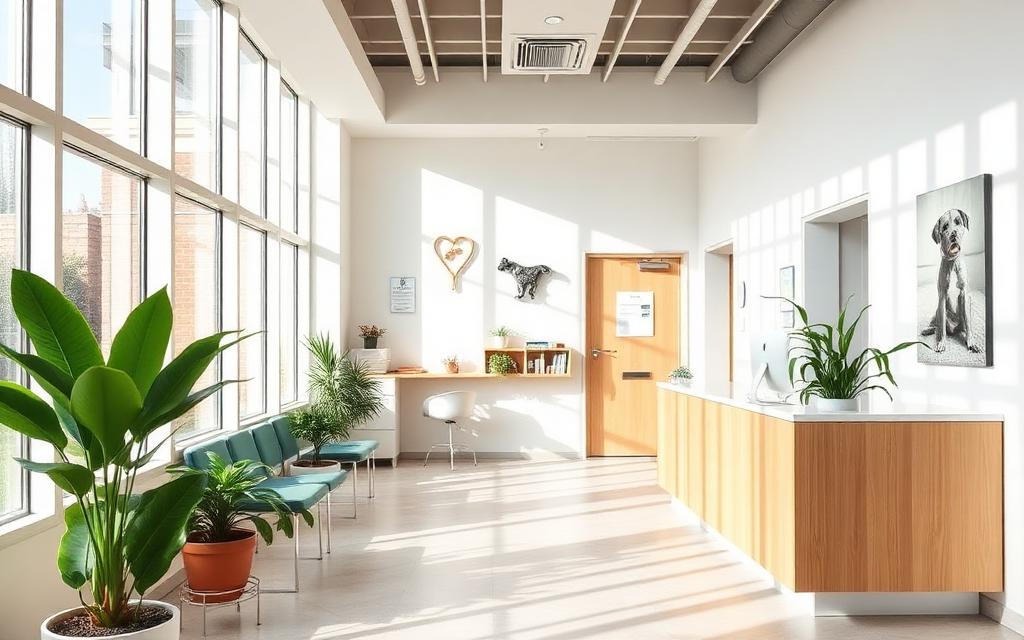 Recepción luminosa de una clínica veterinaria moderna con plantas